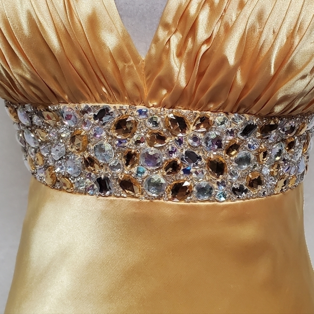 Vintage Beyond Jovani Yellow Charmeuse Shimmer V-neck Beaded Backless Maxi Dress - Picture 6 of 16